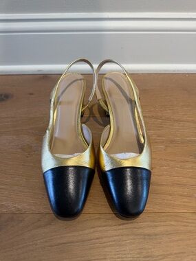 Saks Fifth Avenue Gold and Black Two-Tone Slingback Mules